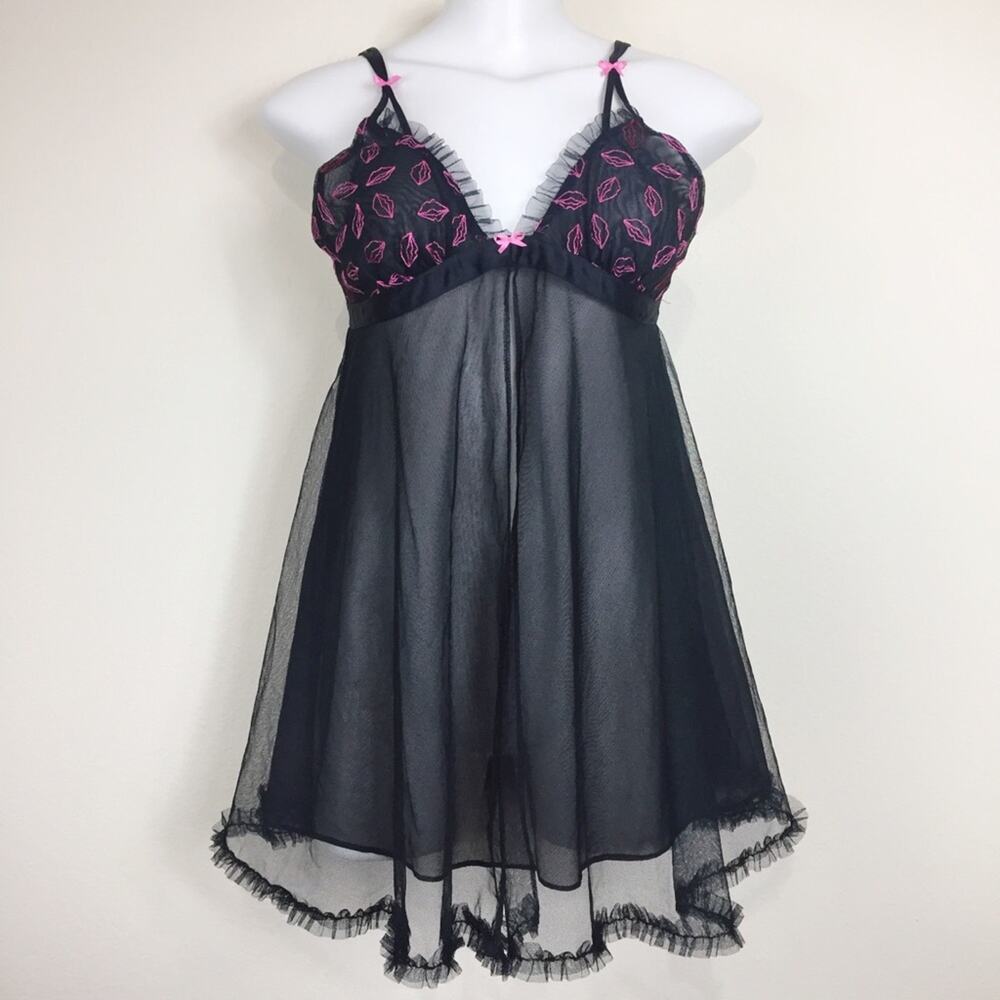 Betsey Johnson | Black Mesh & Pink Lips Babydoll